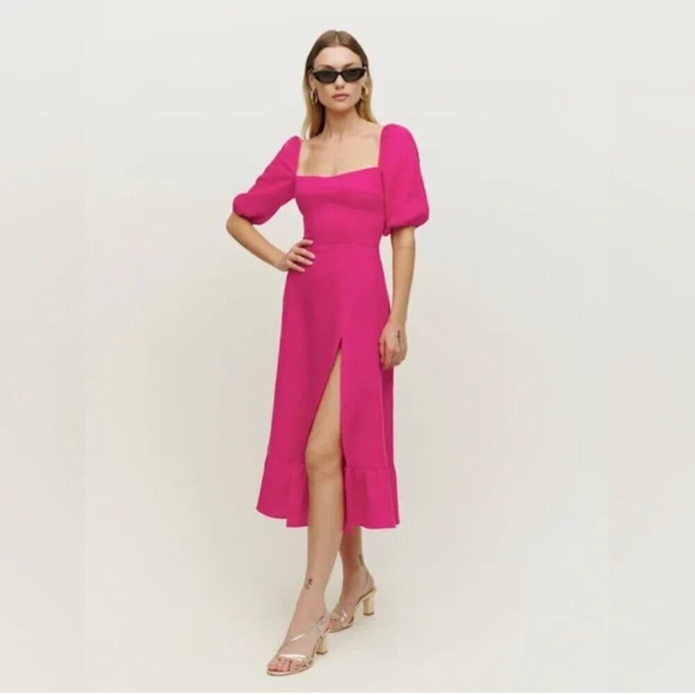 Reformation Belgium Linen Puff Sleeve Pink Midi Dress